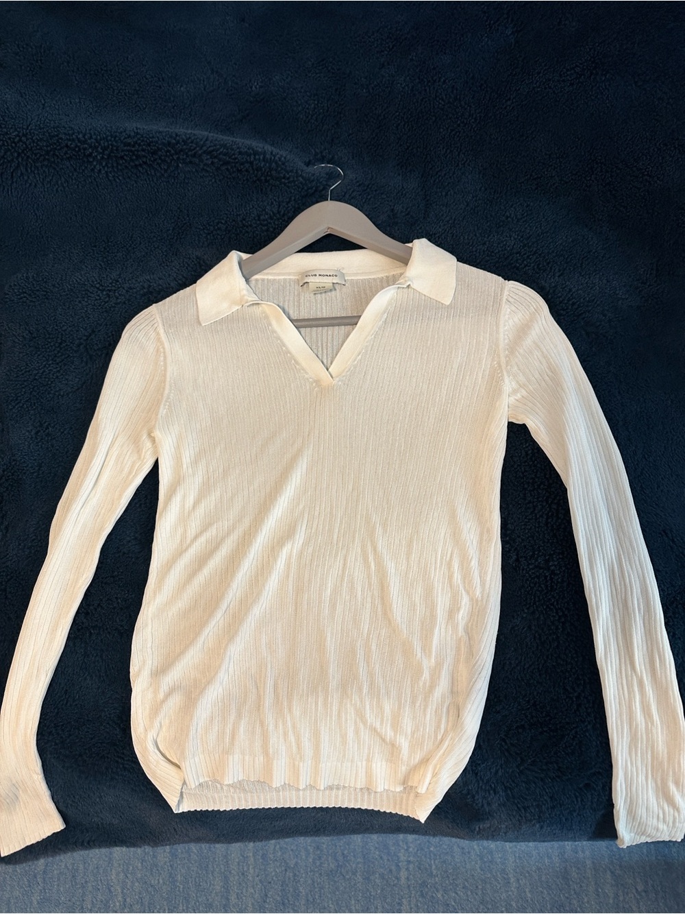 Sheer Ribbed V-Collar Long Sleeve Polo Top